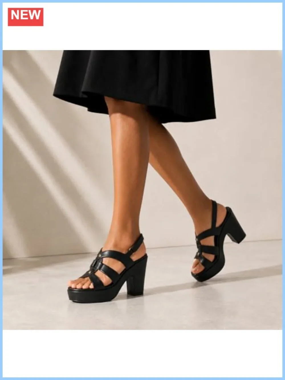 Chunky Block Heel Platform Sandals Square Open Toe Ankle Strap PU Faux Leather